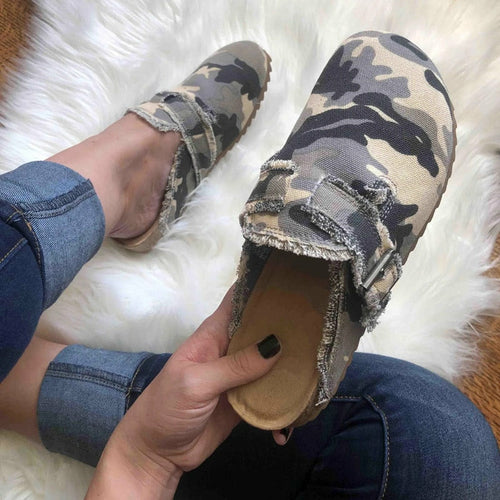 Sabots vintage en toile pour femme à talon plat et bout rond
